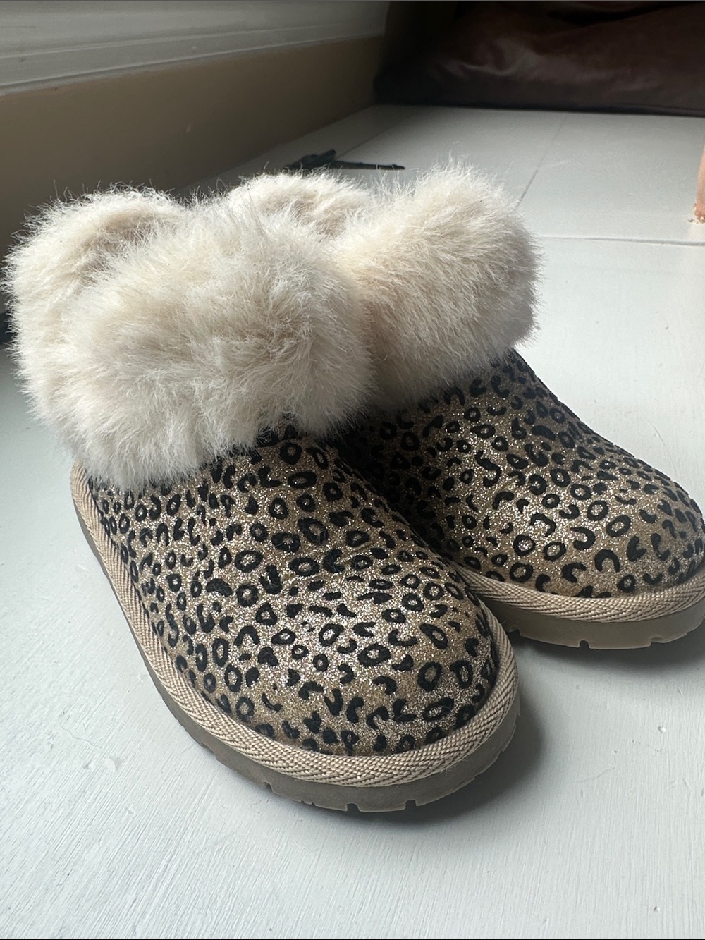 Harper Canyon Girls Leopard Print Faux Fur Cuff Slip-On Boots - Tan/Black